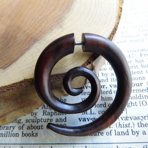 HANDMADE WOOD ORGANIC Earring Eco Fake Tunnel Spiral Gauge Plug Stretcher Faux Hoop Brown Wooden Vegan Men Women Ecojewellery Sustainable