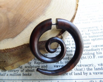 HANDMADE WOOD ORGANIC Earring Eco Fake Tunnel Spiral Gauge Plug Stretcher Faux Hoop Brown Wooden Vegan Men Women Ecojewellery Sustainable