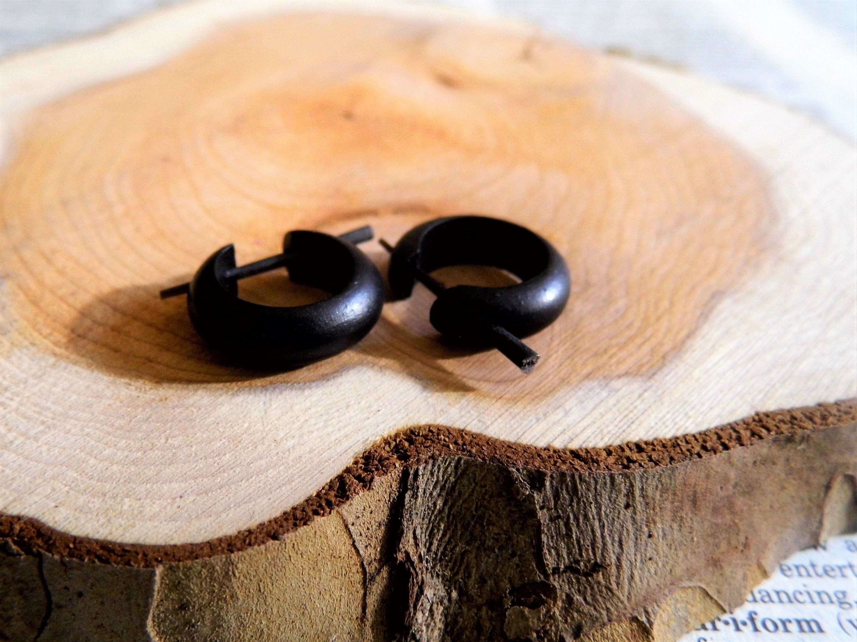 UNISEX WOOD HUGGIES Earrings Hoops Sleeper Small Black Wooden Eco