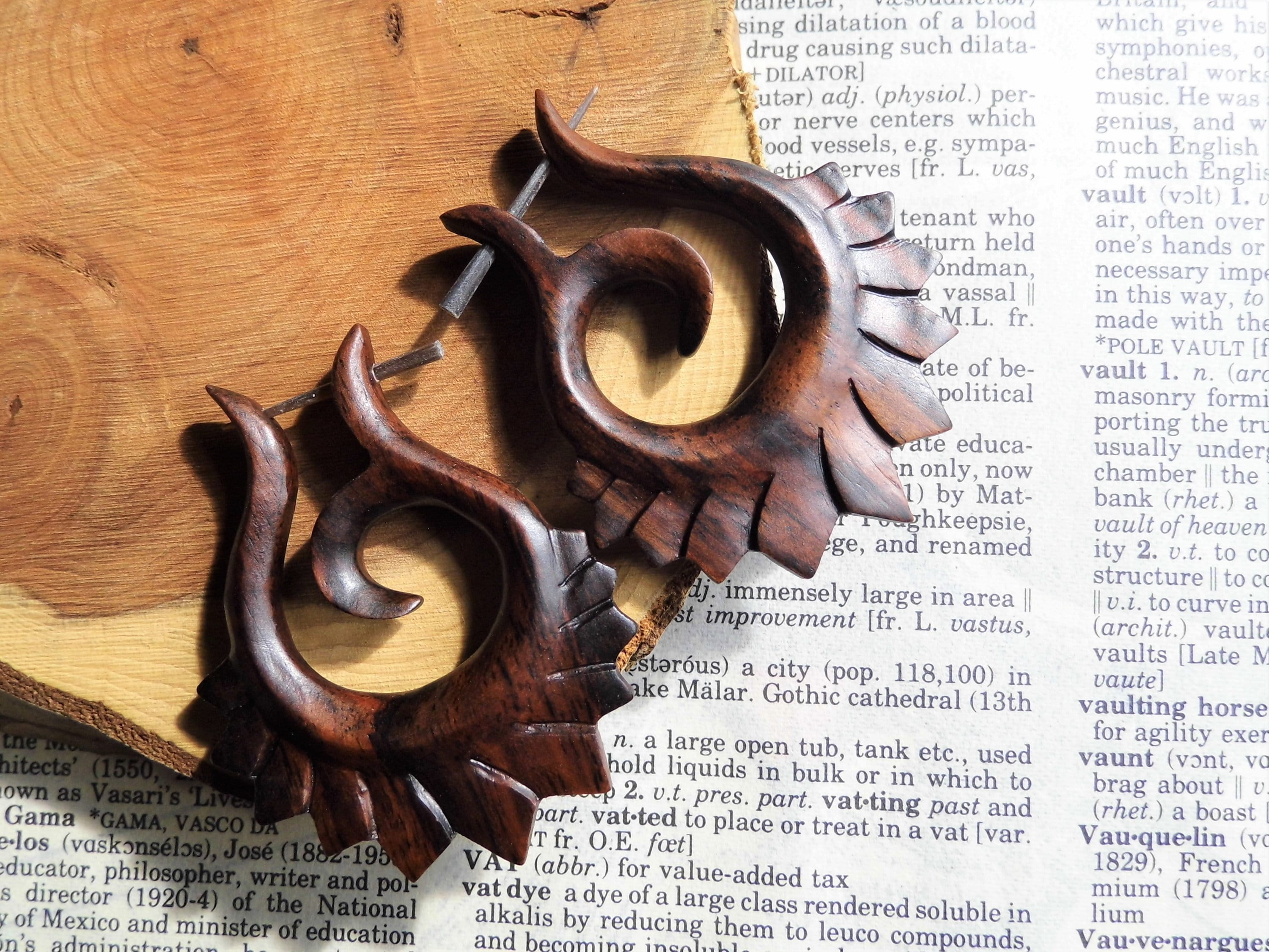 HANDMADE WOOD Earrings Hoops // Tribal Carved Wooden Earrings Womens Large // Dangle Drop Brown Festival Eco Vegan // Gift Bag