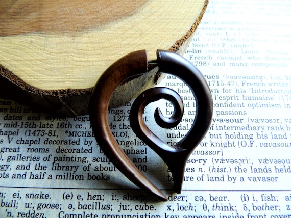 Handmade WOOD ORGANIC EARRING Eco Small Spiral Fake Tunnel Fish Hook Gauge  Faux Plug Earrings Wooden // Men Women Ecojewellery Sustainable 