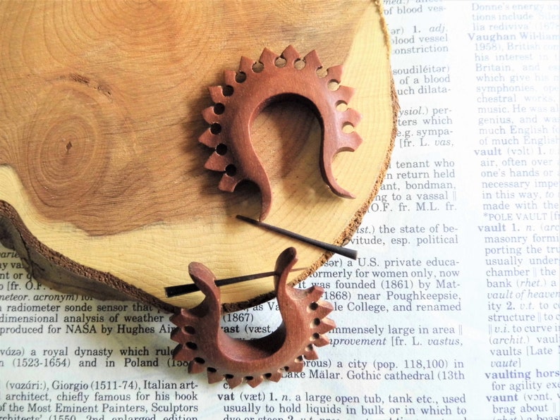 WOOD EARRINGS Fire Hoop ORGANIC Tribal Handmade Carved Wood Earring Hoops Women Brown Decorative Eco Vegan Sustainable Gift Bag