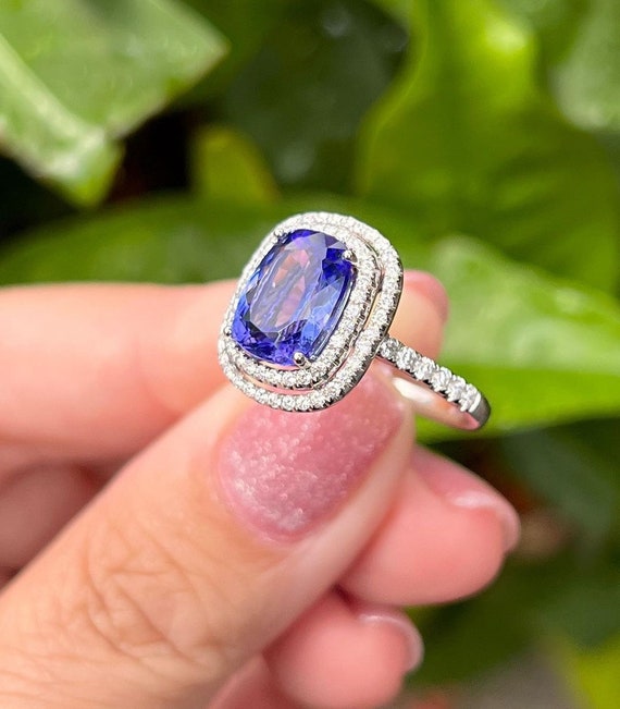 Lab Created Tanzanite Ring in Sterling Silver 925 Cushion Double
