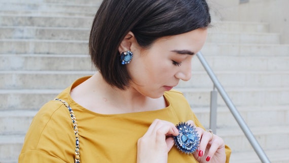 Blue Rhinestone Earring and Brooch Set