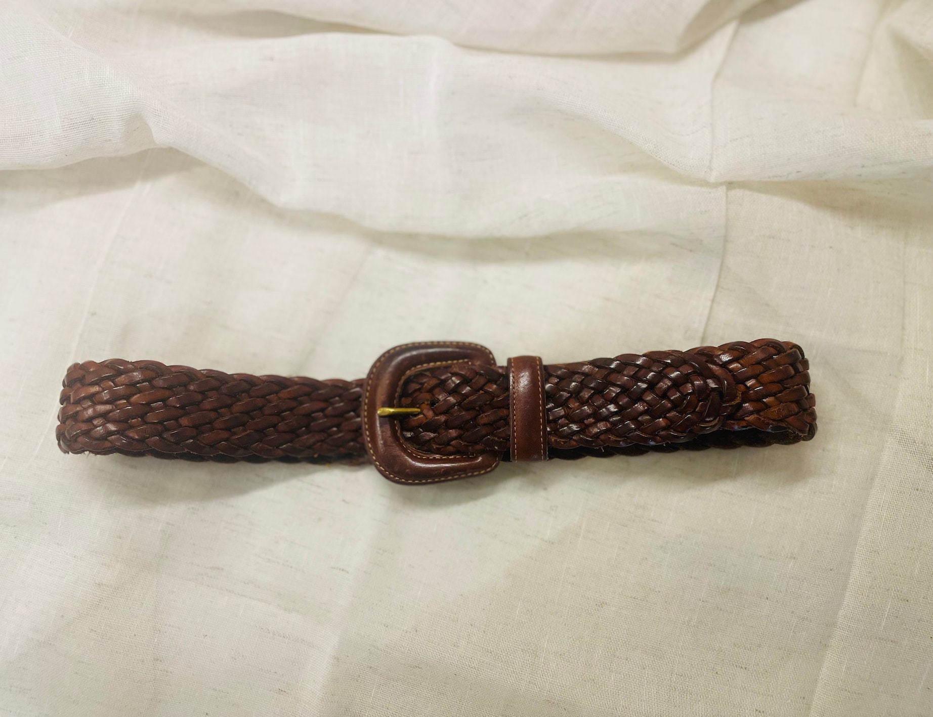 Vintage Coach Woven Leather Belt / Solid Brass Buckle / Size 