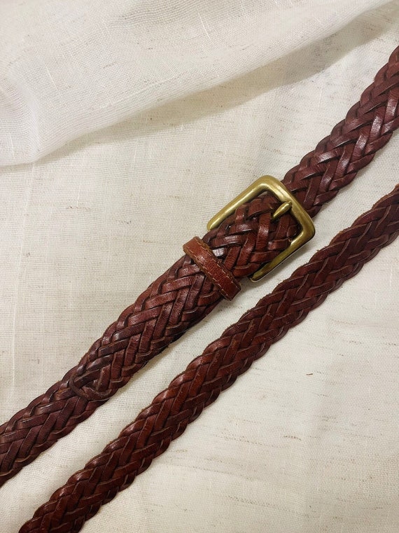 Vintage Leather Belt / Weaving Leather / Brown / S