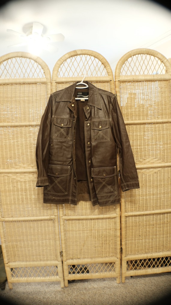 70s Brown Leather Button Up Jacket | women size M