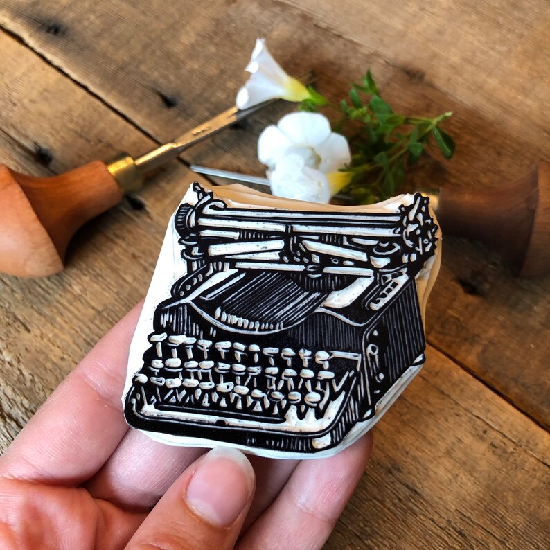 Artisan Mini Antique Typewriter Linoleum Print on Handmade Paper image 2