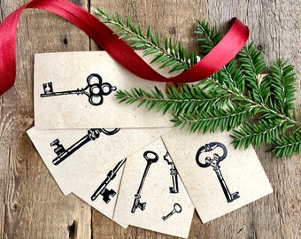 Handmade Antique Skeleton Key Linoleum Print Gift Tags