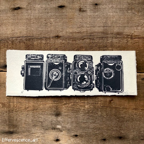 Antique Rolleiflex Camera Linoleum Print on Handmade Paper