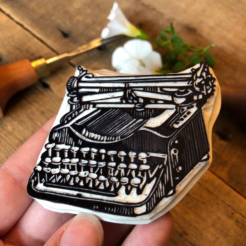 Artisan Mini Antique Typewriter Linoleum Print on Handmade Paper image 3