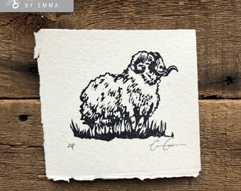 Original Ram/Sheep Linoelum Print on Handmade Paper | Mini Print | Ram Print | Sheep Print | Linoprint