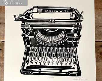 Antique Underwood Typewriter Linoleum Hand-printed Print on White Multi-Media Paper