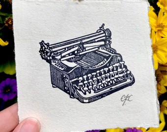 Artisan Mini Antique Typewriter Linoleum Print on Handmade Paper