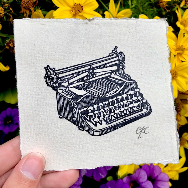 Artisan Mini Antique Typewriter Linoleum Print on Handmade Paper