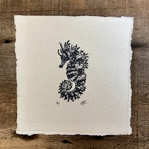Mini Seahorse Handmade Linoleum Print on Handmade Paper