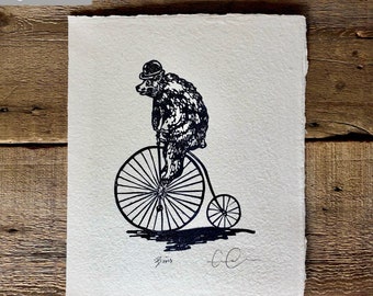 Bear Riding Antique Penny Farthing High Wheel Bicycle Handmade Linoleum Print on Handmade Paper