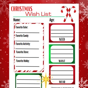 Puede incluir: Una lista de deseos de Navidad imprimible con un diseño de bastón de caramelo rojo y blanco. La lista incluye secciones para el nombre, la edad, el color favorito, el caramelo favorito, la actividad favorita, la tienda favorita, el pasatiempo favorito y cuatro categorías: necesidad, deseo, vestir y leer.