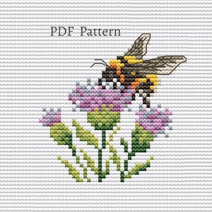 Thistle cross stitch pattern, Bee cross stitch, Floral cross stitch