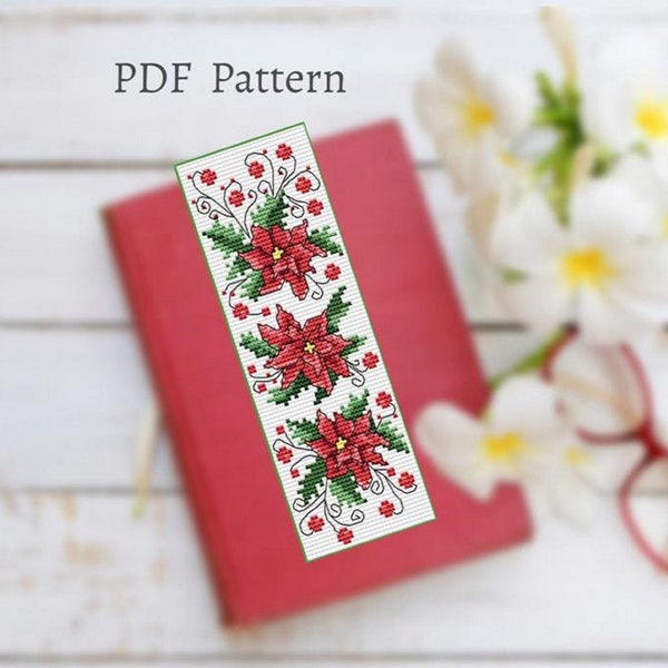 Poinsettia cross stitch bookmark pattern, Christmas flowers book tracker, Floral book marks, Flower reading tracker