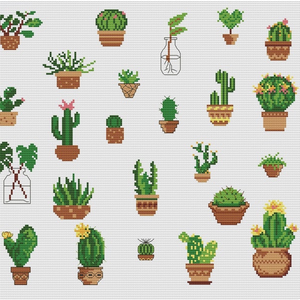 Small plants cross stitch pattern, Cactus cross ctitch, Tiny succulent cross stitch