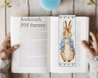 Rabbit cross stitch bookmark pattern, Bunny book tracker, Hare cross stitch pattern