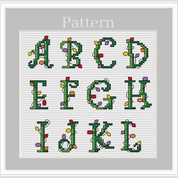 Christmas alphabet cross stitch pattern with Christmas lights for small monogram ornaments