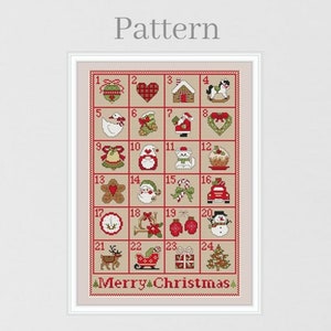 Advent calendar cross stitch pattern, Merry Christmas hand embroidery calendar pattern