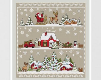May include: A cross-stitch pattern featuring a winter wonderland scene with Santa Claus in his sleigh pulled by reindeer, a red house with a wreath on the door, a red truck with a Christmas tree in the back, and a snowman. The pattern is on a beige background with white snowflakes.