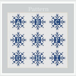 May include: Cross-stitch pattern featuring nine snowflake designs, each with a different letter from A to I in navy blue. The word "Pattern" is at the top. The snowflakes are on a white background, framed in a light gray border.