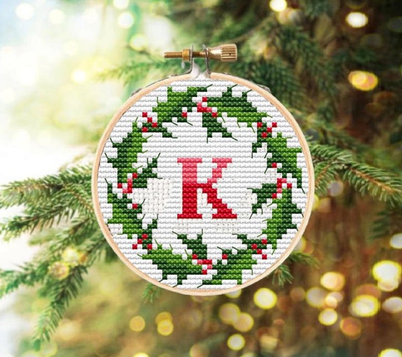 Christmas monogram letters, Monogram ornament cross stitch pattern, Monogram fonts 3 inch hoop, Cross stitch alphabet