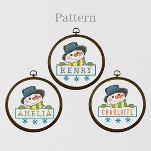 Modèle de point de croix bonhomme de neige avec grille de l'alphabet pour une décoration de Noël personnalisée avec des noms