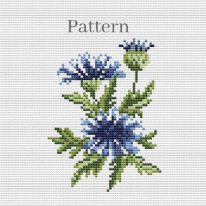 May include: Cross stitch pattern featuring a bouquet of blue and green flowers with the word "Pattern" above the flowers.