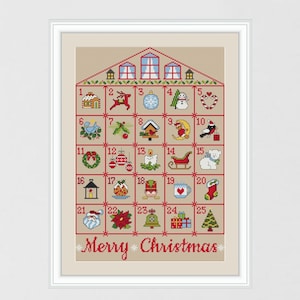 Christmas advent calendar cross stitch pattern, Merry Christmas cross stitch