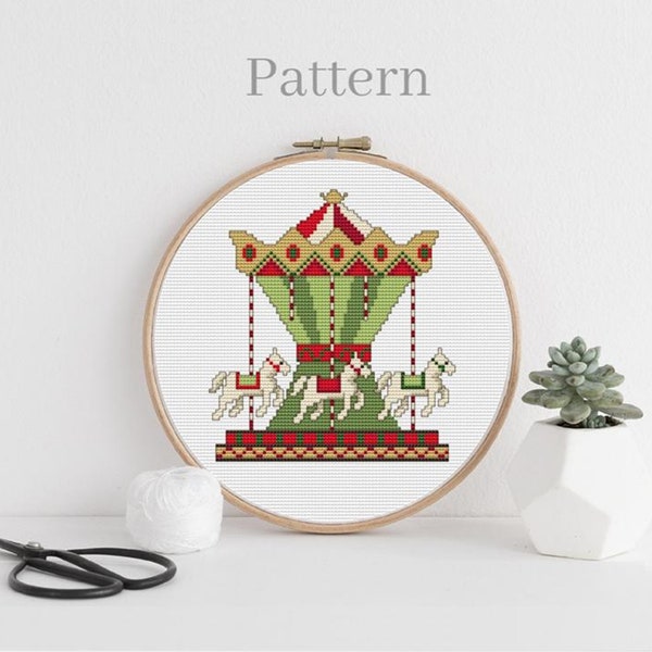 Christmas carousel cross stitch pattern, Merry go round hand embroidery pattern