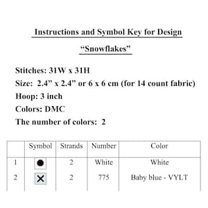 May include: A cross-stitch pattern chart for a snowflake design. The chart includes instructions, a symbol key, and color information. The design is 31 stitches wide by 31 stitches high and measures 2.4 inches by 2.4 inches. The pattern uses two colors: white and baby blue.