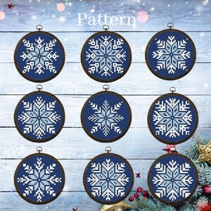 Snowflake ornament cross stitch pattern for 3 inch hoop, Snow flakes hand embroidery pattern