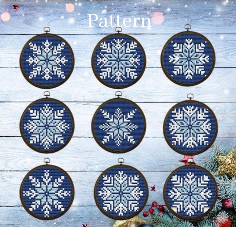 Snowflake ornament cross stitch pattern for 3 inch hoop, Snow flakes hand embroidery pattern