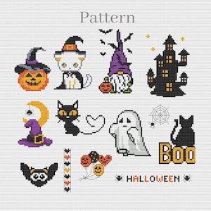 May include: A cross-stitch pattern with Halloween motifs. Designs include a pumpkin, a cat in a witch's hat, a gnome, a haunted house, a witch's hat with a moon, a black cat, a ghost, a spider's web, a bat, balloons, and the word "BOO".