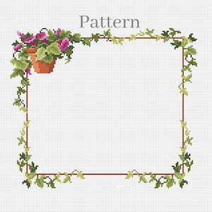 May include: Cross-stitch pattern with a floral theme. A terracotta pot with pink flowers and green leaves sits in the upper left corner. The text "PATTERN" is at the top. A red border is decorated with green vines.