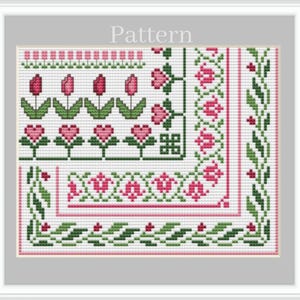 Tulip cross stitch borders pattern, Floral border, Pink flowers, Cross stitch frames