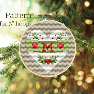 Initial ornament cross stitch pattern Monogram ornament hand embroidery pattern for 3 inch hoop Small Christmas heart