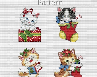 May include: A cross-stitch pattern featuring four kittens with holiday themes. One white kitten sits in a red gift box, a black and white kitten sits in a red stocking, an orange kitten sings with a music book, and an orange kitten holds a stocking.