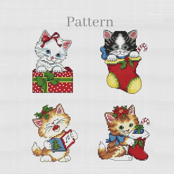 Christmas cat cross stitch pattern, Small cross stitch kitty