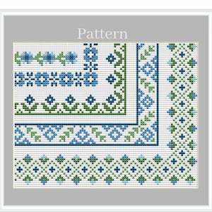 Patrón de punto de cruz con bordes florales, Bordes azules y verdes, Borde con flores, Marcos de punto de cruz