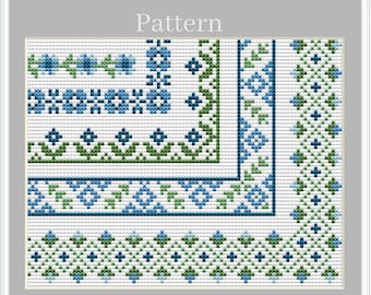 Floral borders cross stitch pattern, Blue and green borders, Border with flower, Cross stitch frames