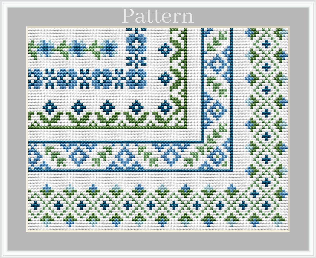 Floral Borders Cross Stitch Pattern, Blue and Green Borders