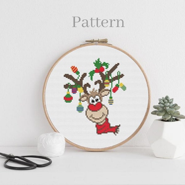 Christmas reindeer cross stitch pattern, Deer hand embroidery pattern