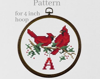 Cardinal cross stitch pattern with alphabet chart for Christmas monogram ornament with initial letter