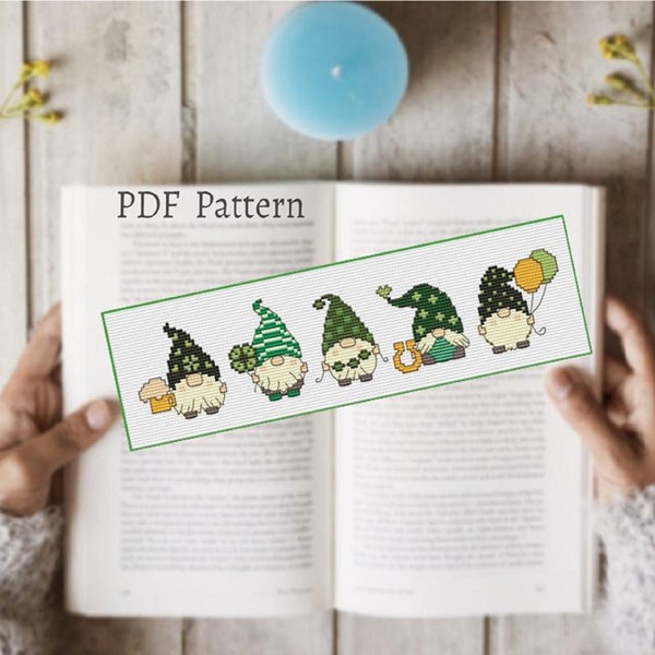Gnome cross stitch bookmark pattern, St Patrick gnomes book tracker, Irish gnome reading tracker hand embroidery pattern